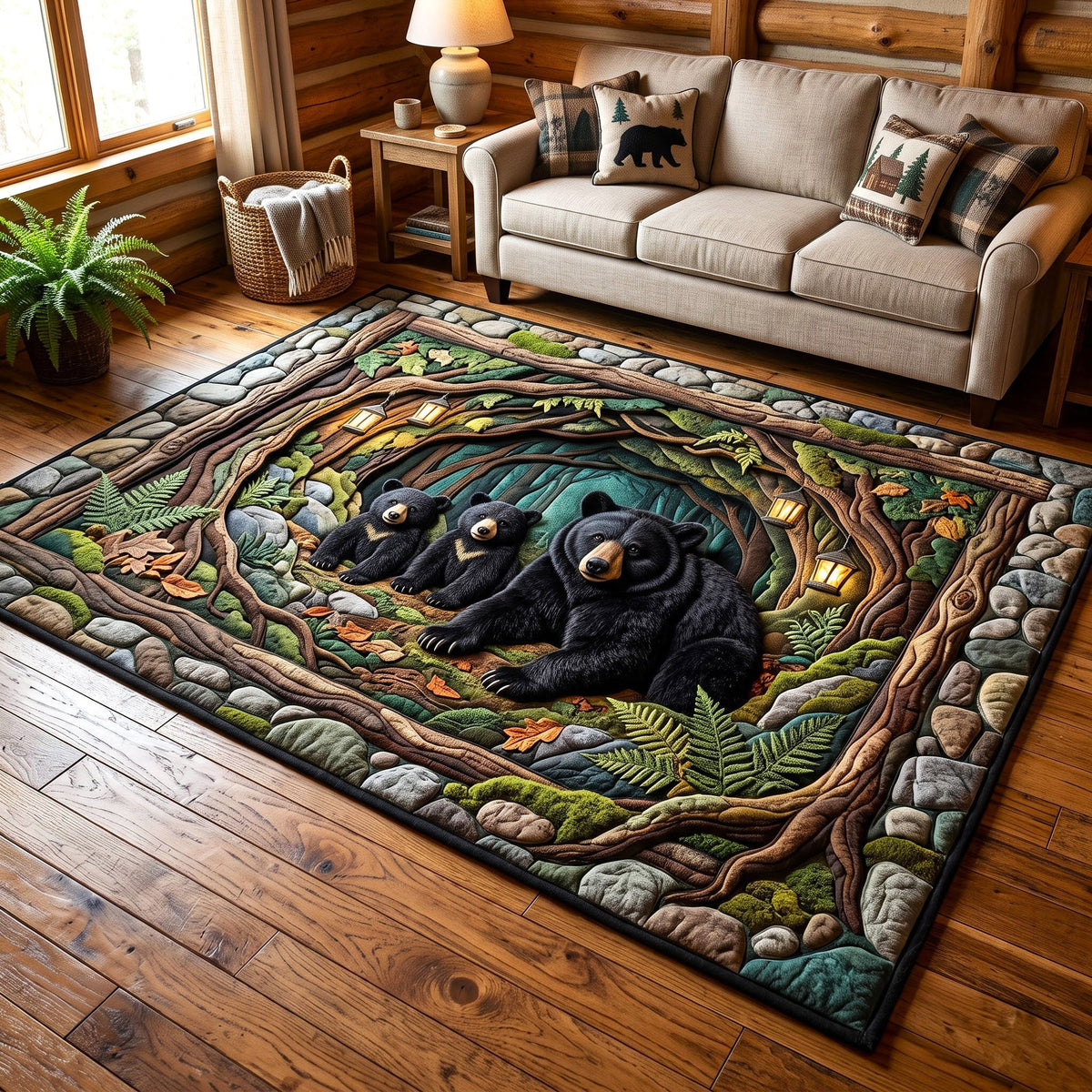 Hollow Log Rustic Bear area rug in a living room