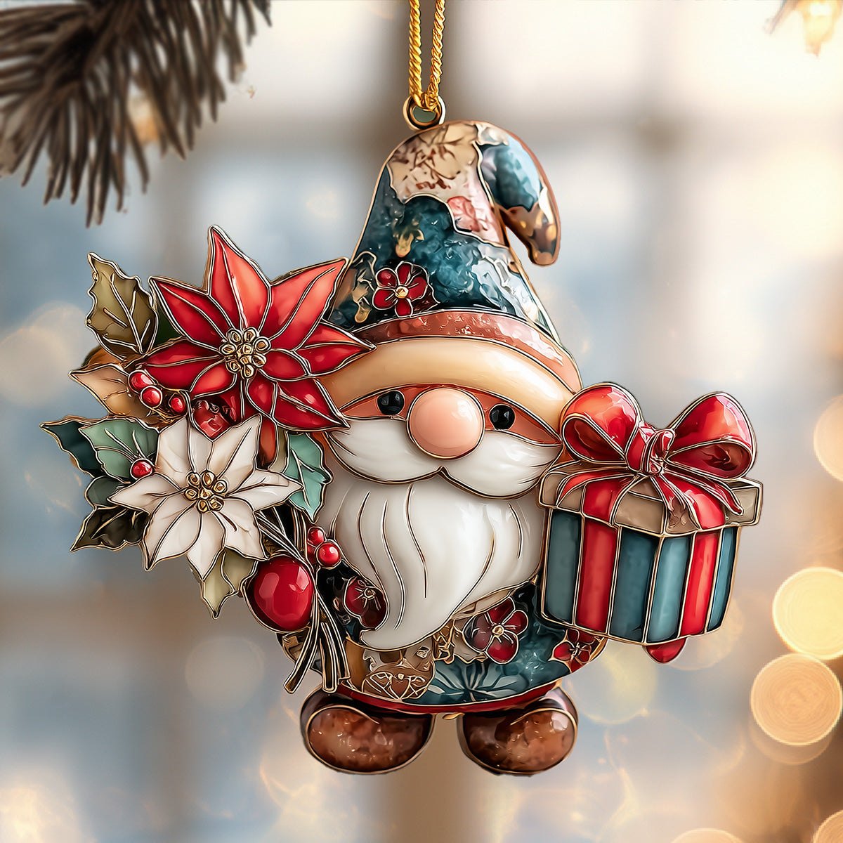 Holly Gift Gnome Christmas Ornament