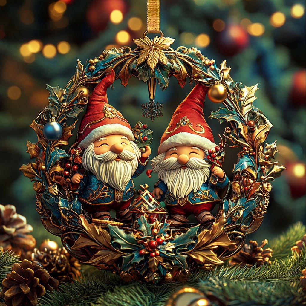 Twin Gnome Golden Wreath Christmas Ornament