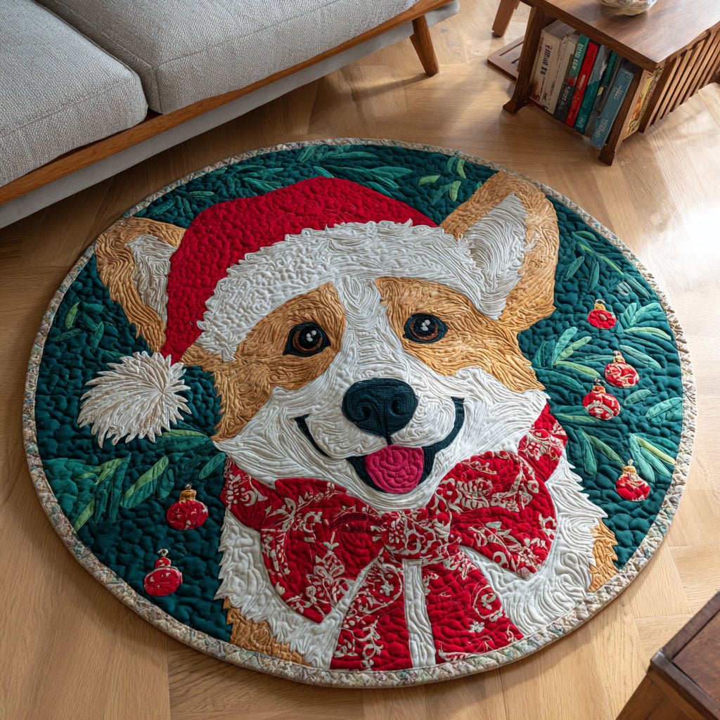 Holly Jolly Corgi Round Mat Rug - Cute Pet Design | Animal Printed Home Decor