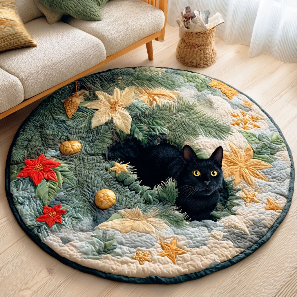 Holly Night Cat Round Mat Rug - Cute Pet Design | Animal Printed Home Decor