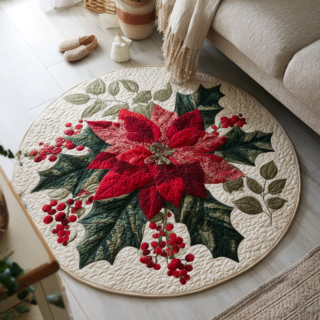 Holly Poinsettia Round Mat Rug - washable non-slip printed rug