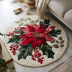 Holly Poinsettia Round Mat Rug - washable non-slip printed rug