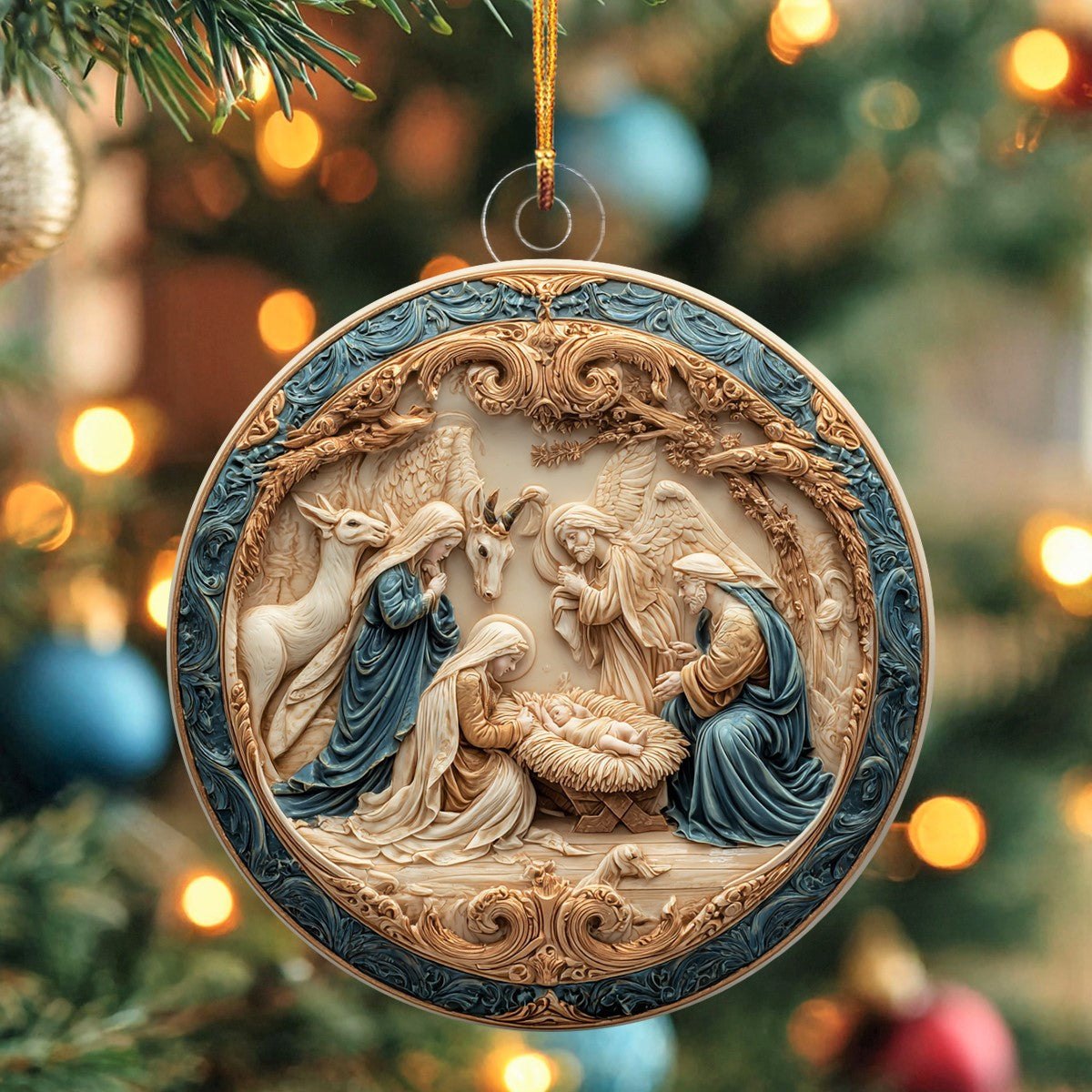 Blue Relief Nativity Christmas Ornament