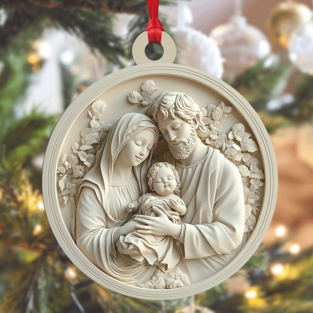 White Relief Holy Family Christmas Ornament