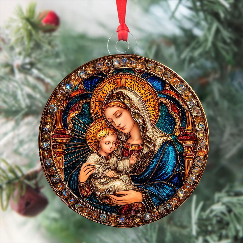Stained Glass Madonna Circle Christmas Ornament