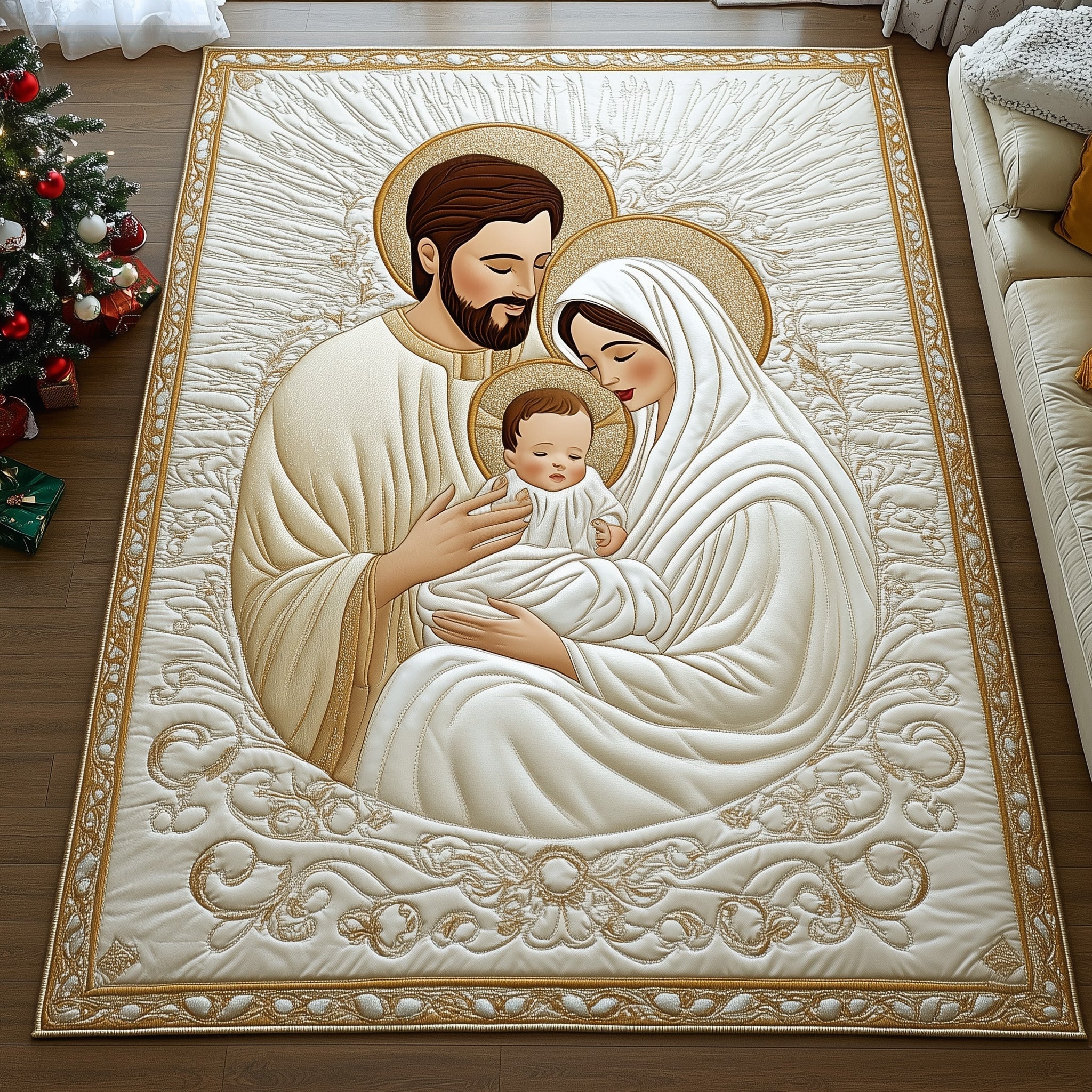Holy Family area rug in a living room
