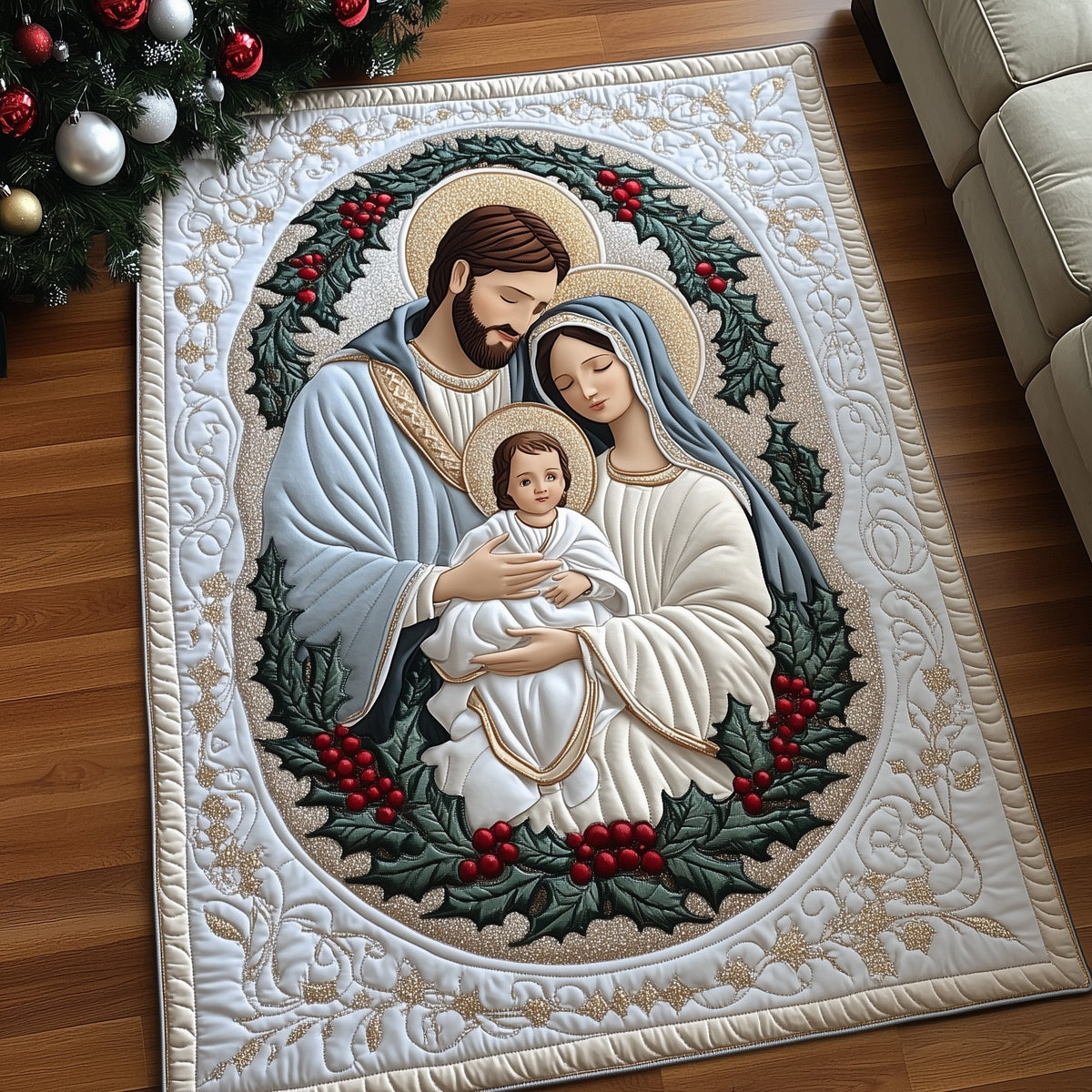 Holy Family area rug in a living room