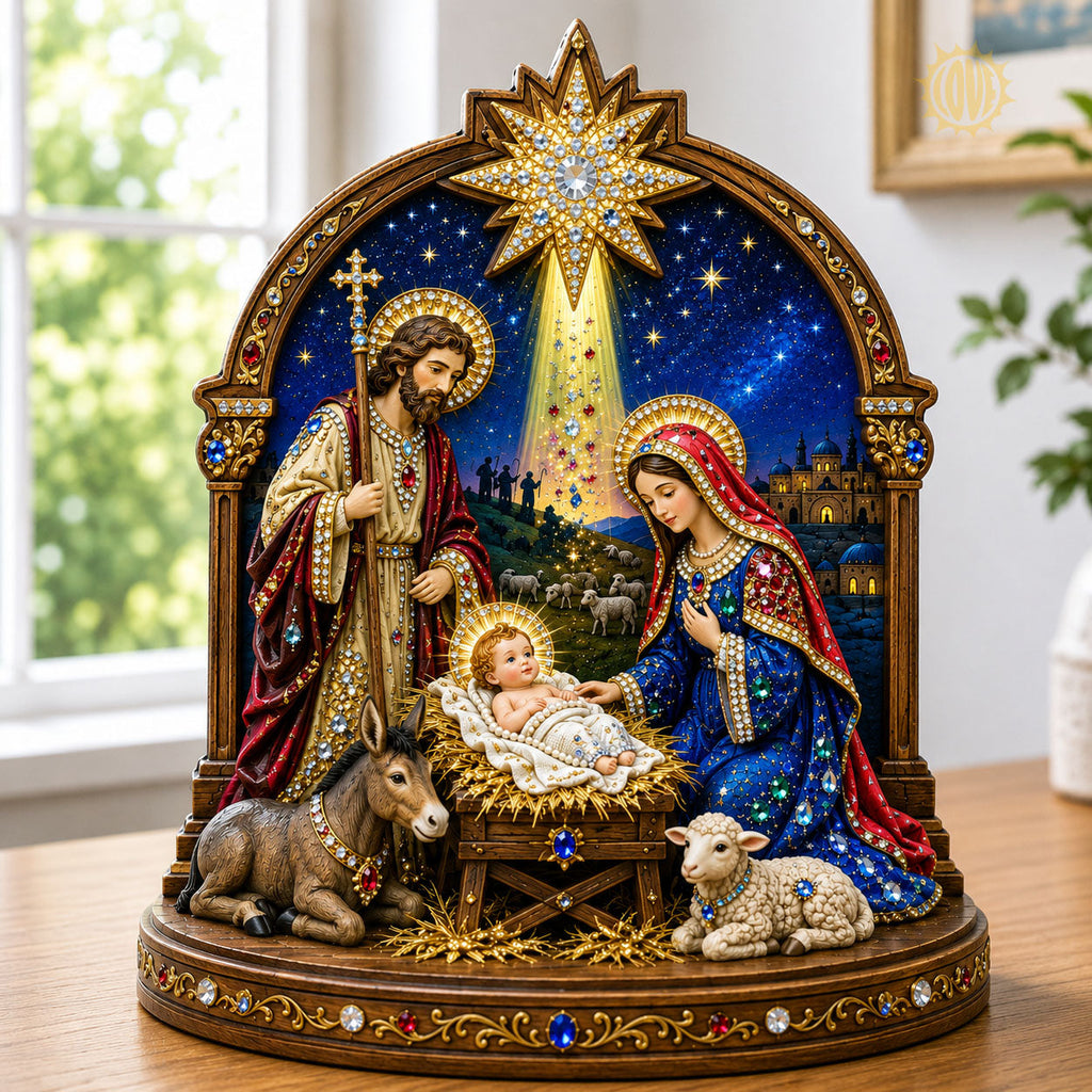 Holy Family Nativity wooden block, laser-cut 3-layer wood