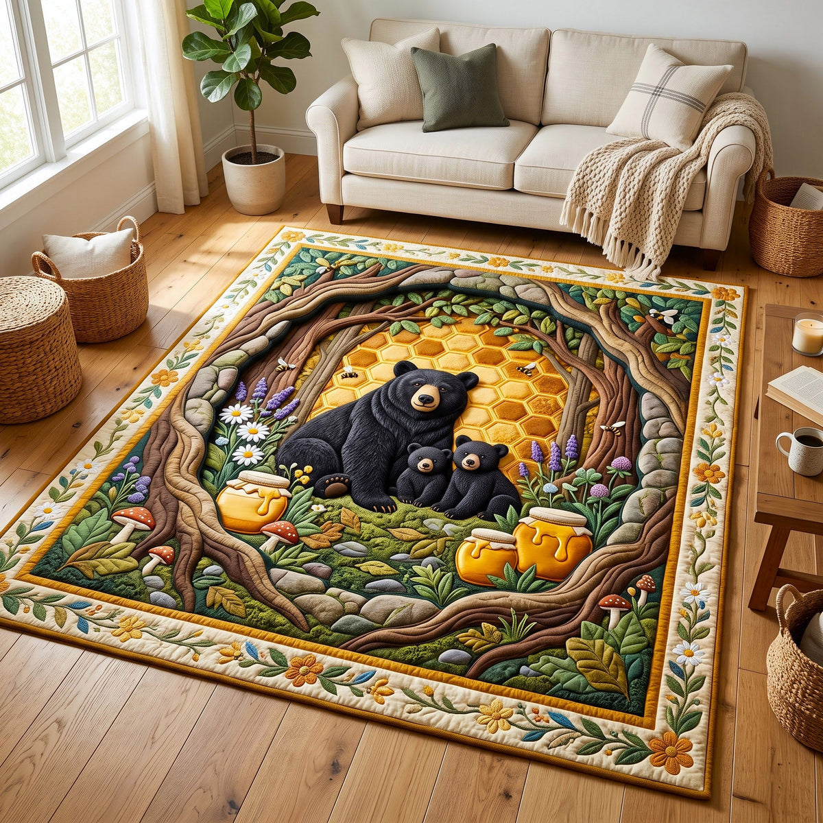 Honey Hollow Rustic Bear area rug in a living room