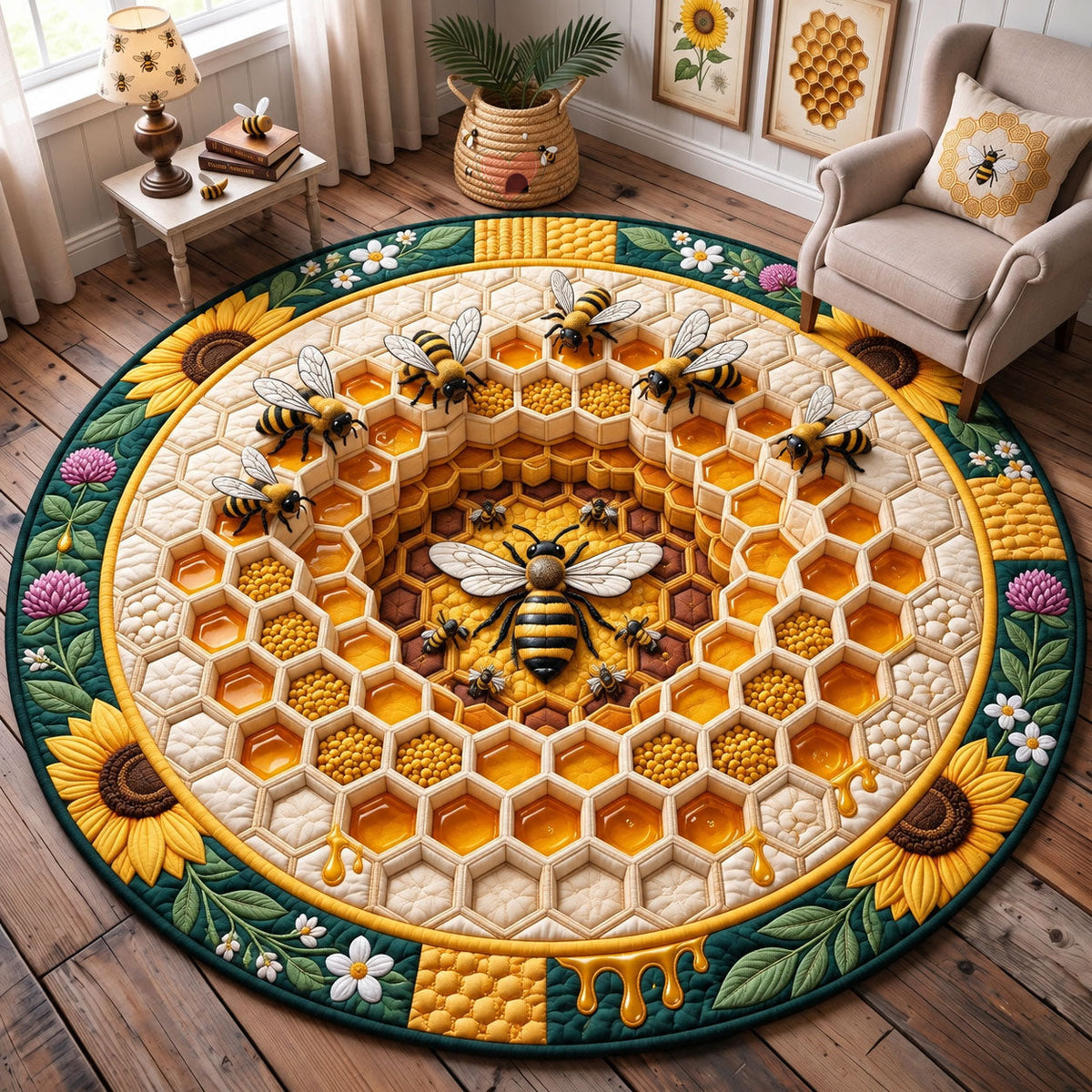 Honeybee Garden Round Mat Rug - Cute Animal Design | Charming Home Decor - washable non-slip printed rug