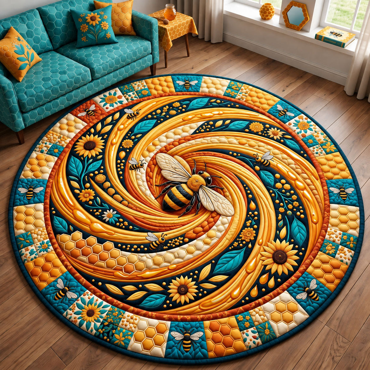 Honeybee Swirl Round Mat Rug - Cute Animal Design | Charming Home Decor - washable non-slip printed rug