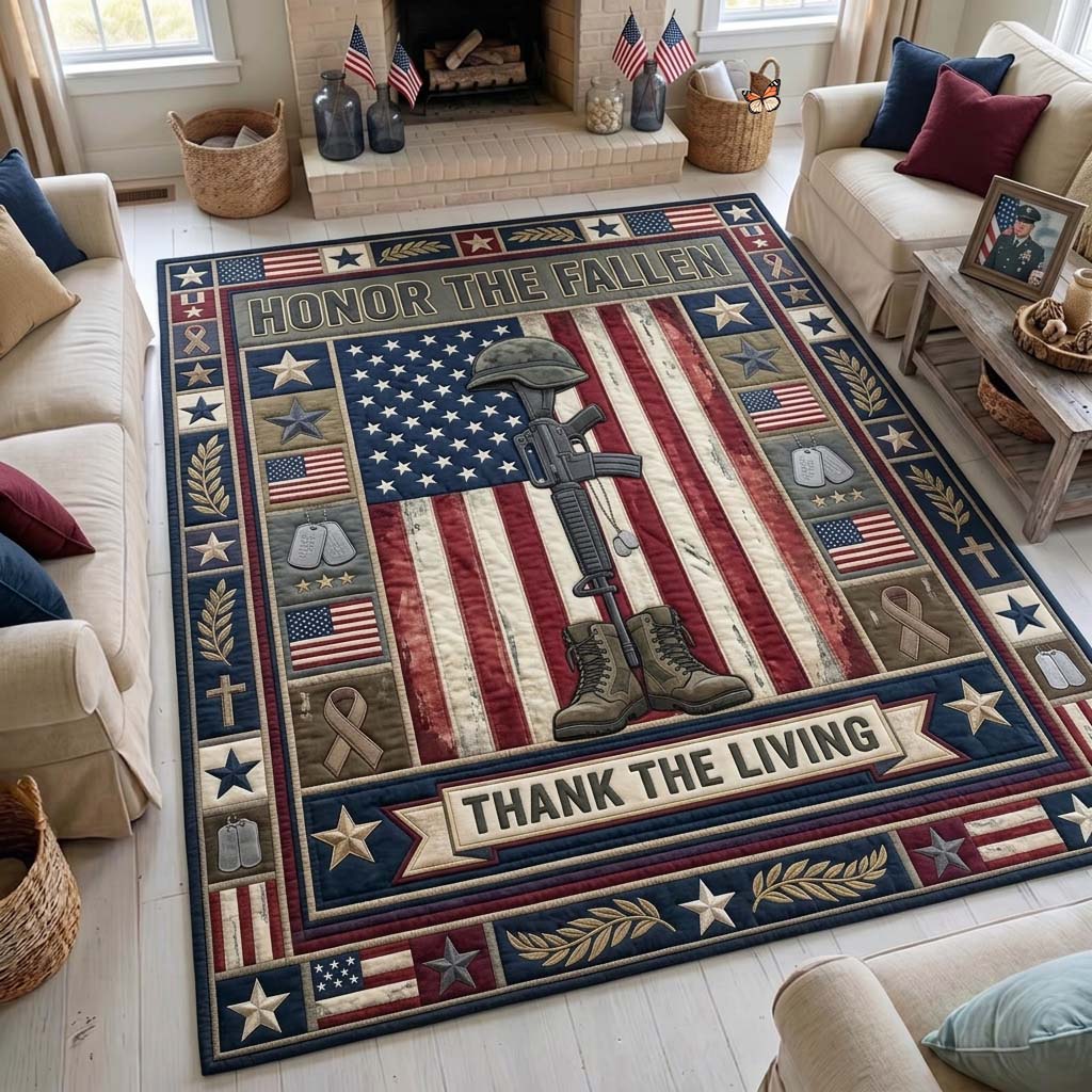 Honor The Fallen area rug in a living room