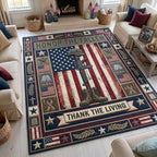 Honor The Fallen area rug in a living room