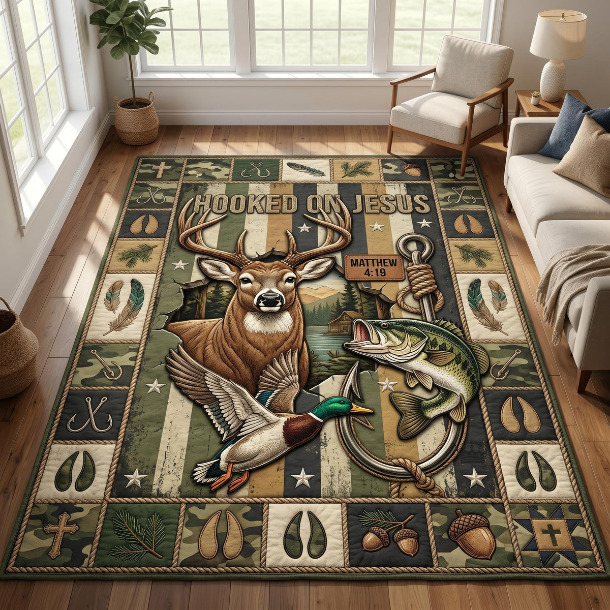 Hooked Faith area rug in a living room