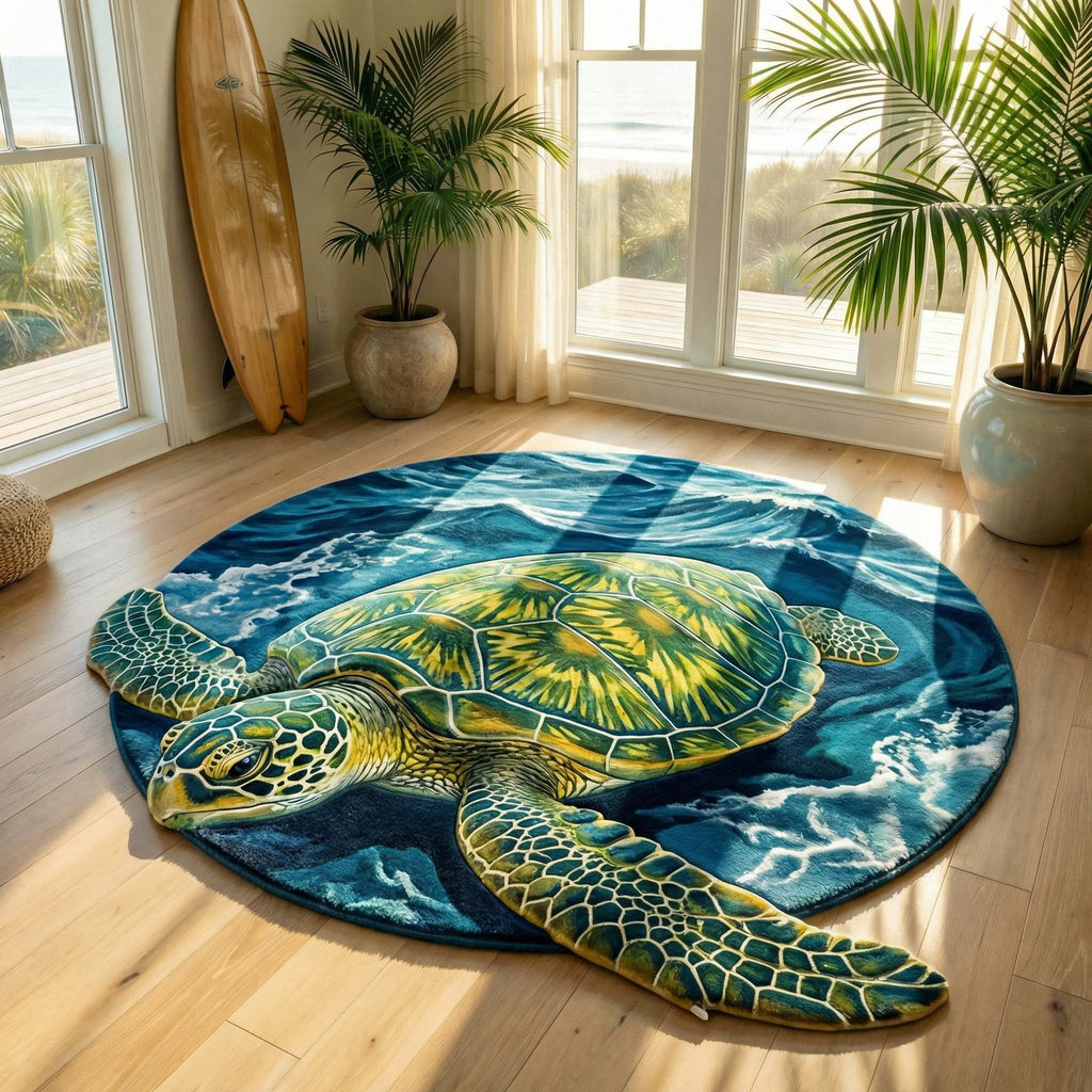 Horizon Turtle Custom Shape Area Rug - Cute Animal Design | Die-Cut Non-Slip Rug - washable non-slip printed rug
