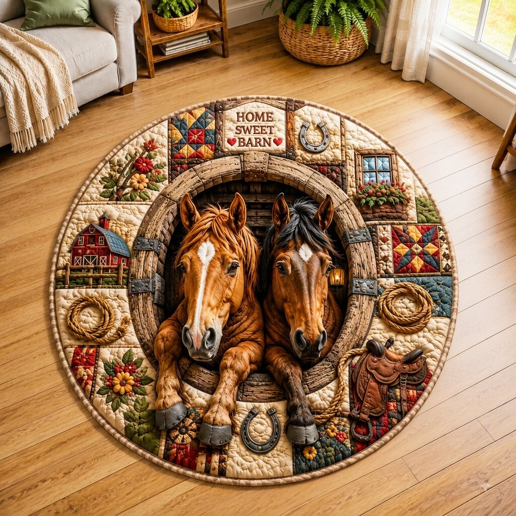 Horse Country Round Mat Rug - Cute Animal Design | Charming Home Decor - washable non-slip printed rug
