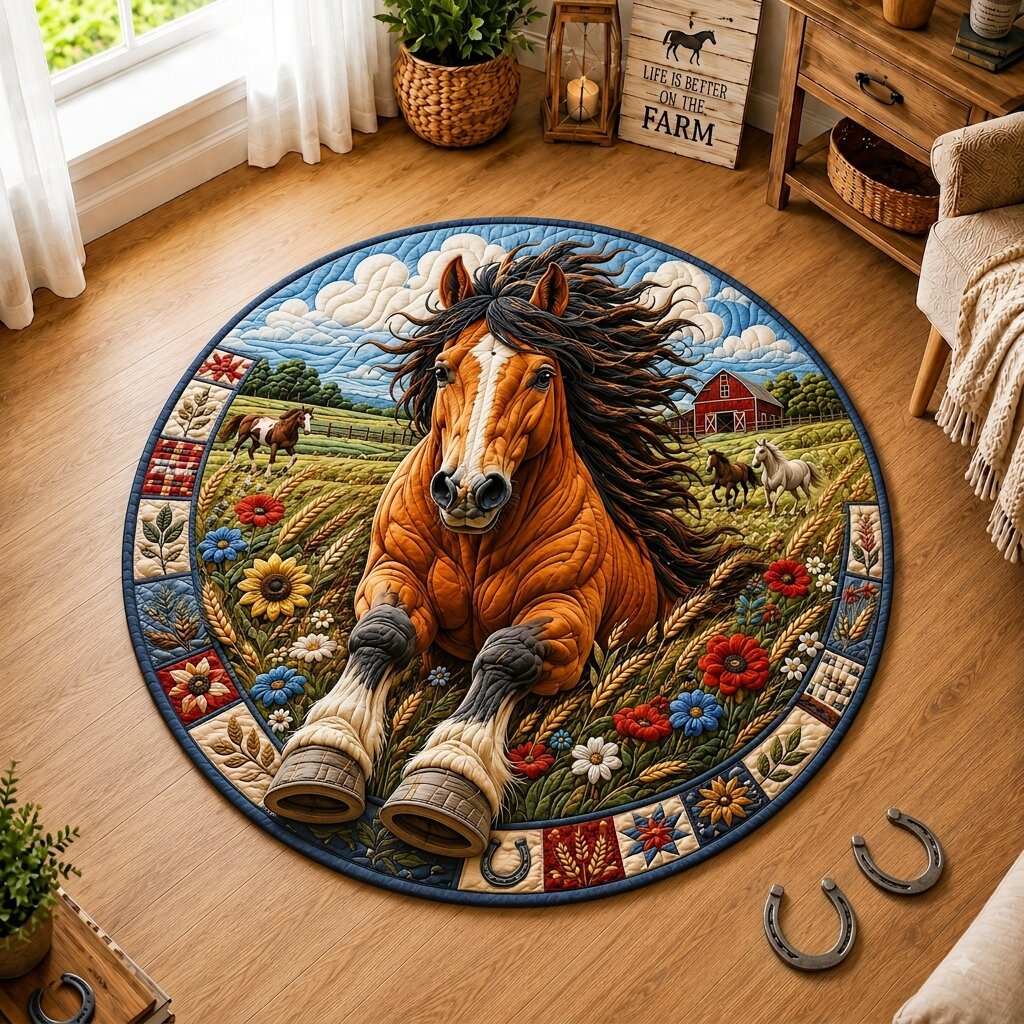 Horse Homestead Round Mat Rug - Cute Animal Design | Charming Home Decor - washable non-slip printed rug