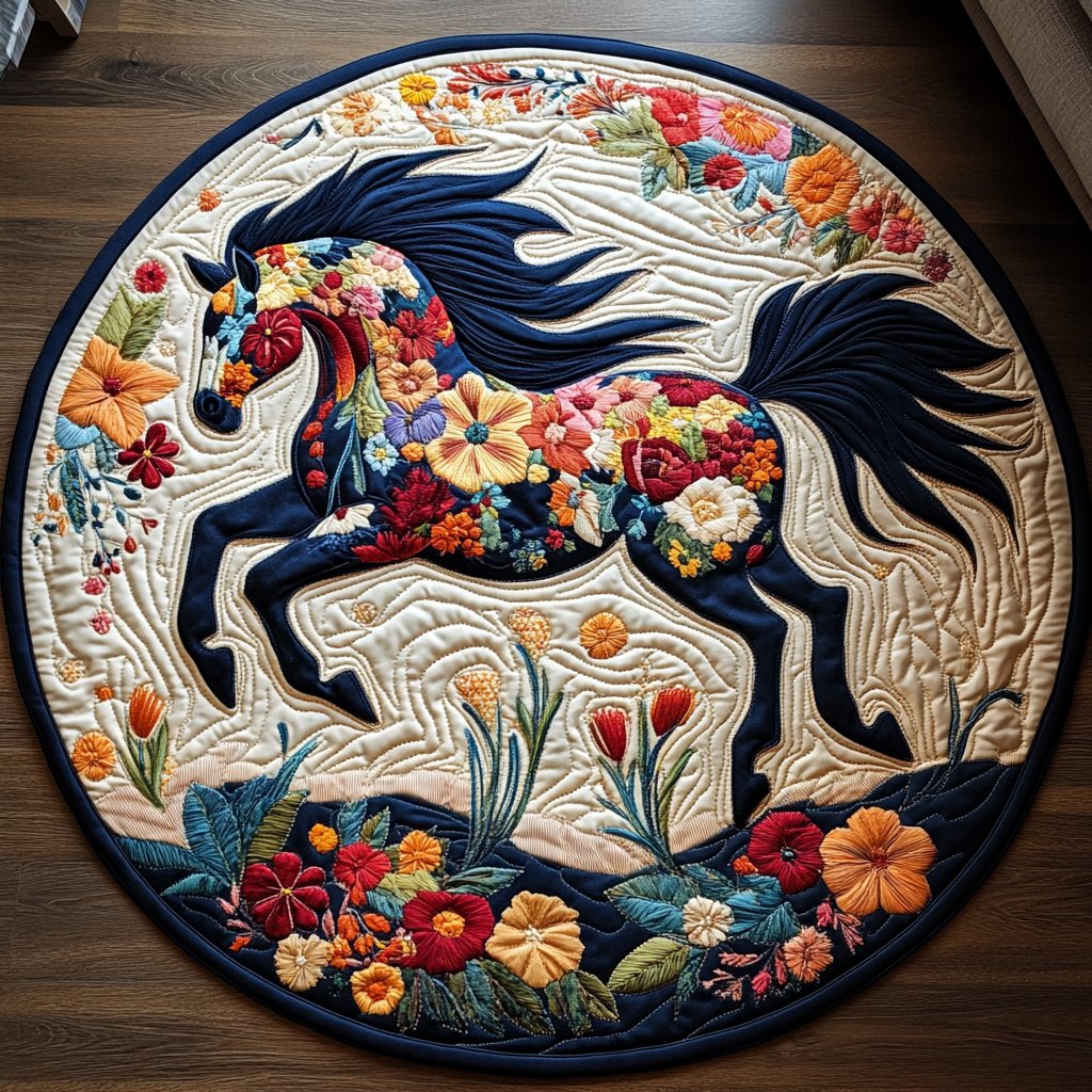 Horse Lover Floral Round Mat Rug - Cute Pet Design | Animal Printed Home Decor