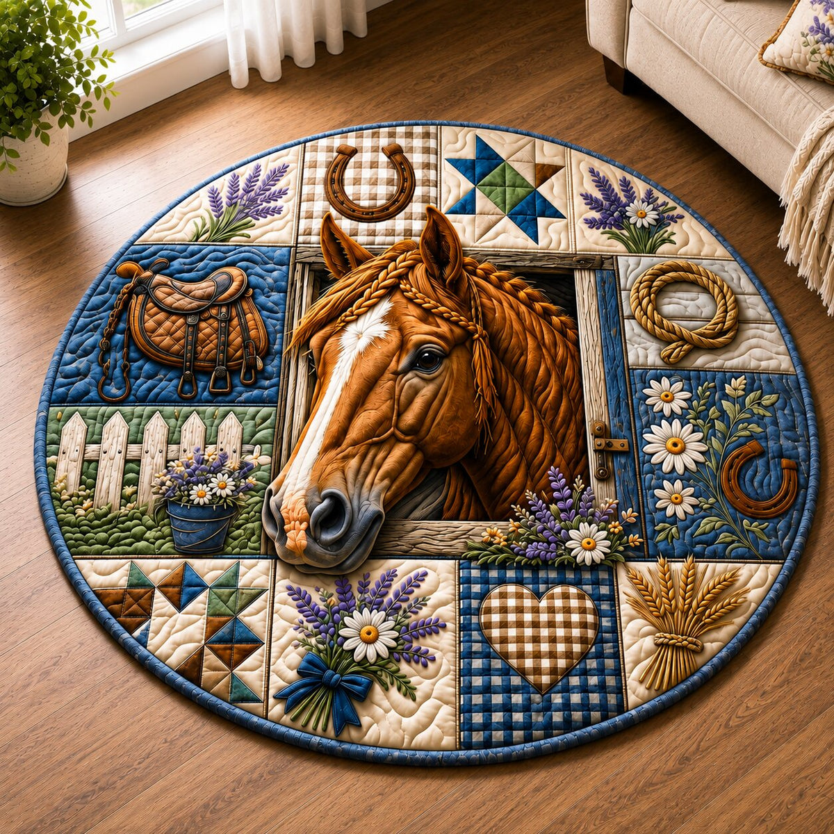 Horse Meadow Round Mat Rug - Cute Animal Design | Charming Home Decor - washable non-slip printed rug