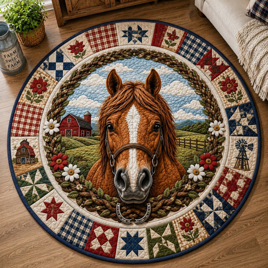 Horse Ranch Round Mat Rug - Cute Animal Design | Charming Home Decor - washable non-slip printed rug