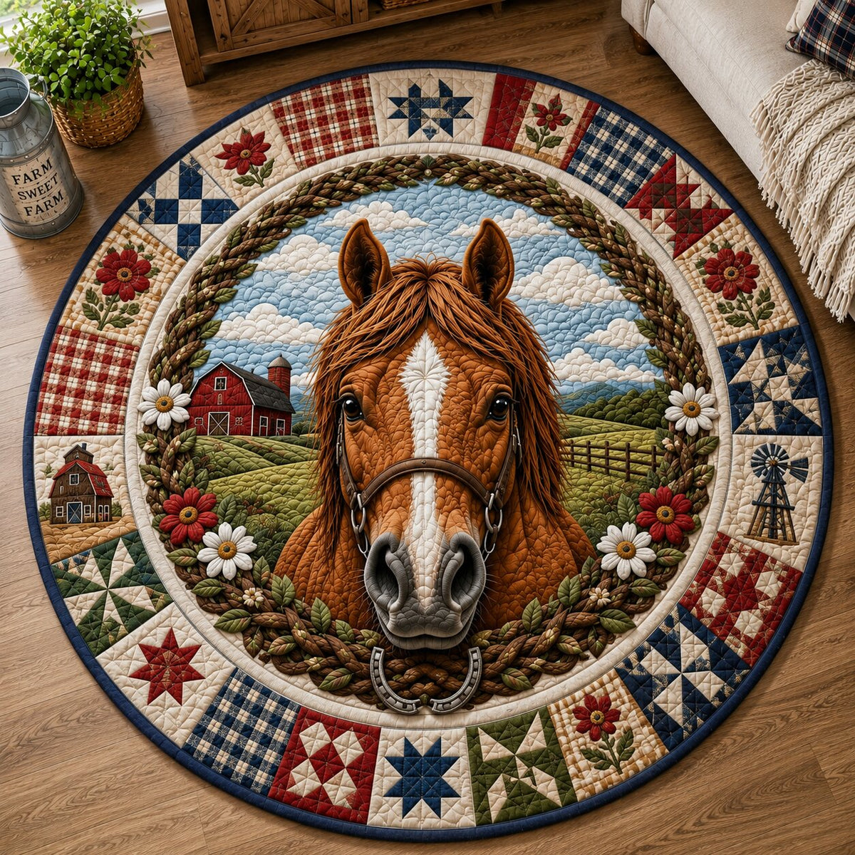 Horse Ranch Round Mat Rug - Cute Animal Design | Charming Home Decor - washable non-slip printed rug