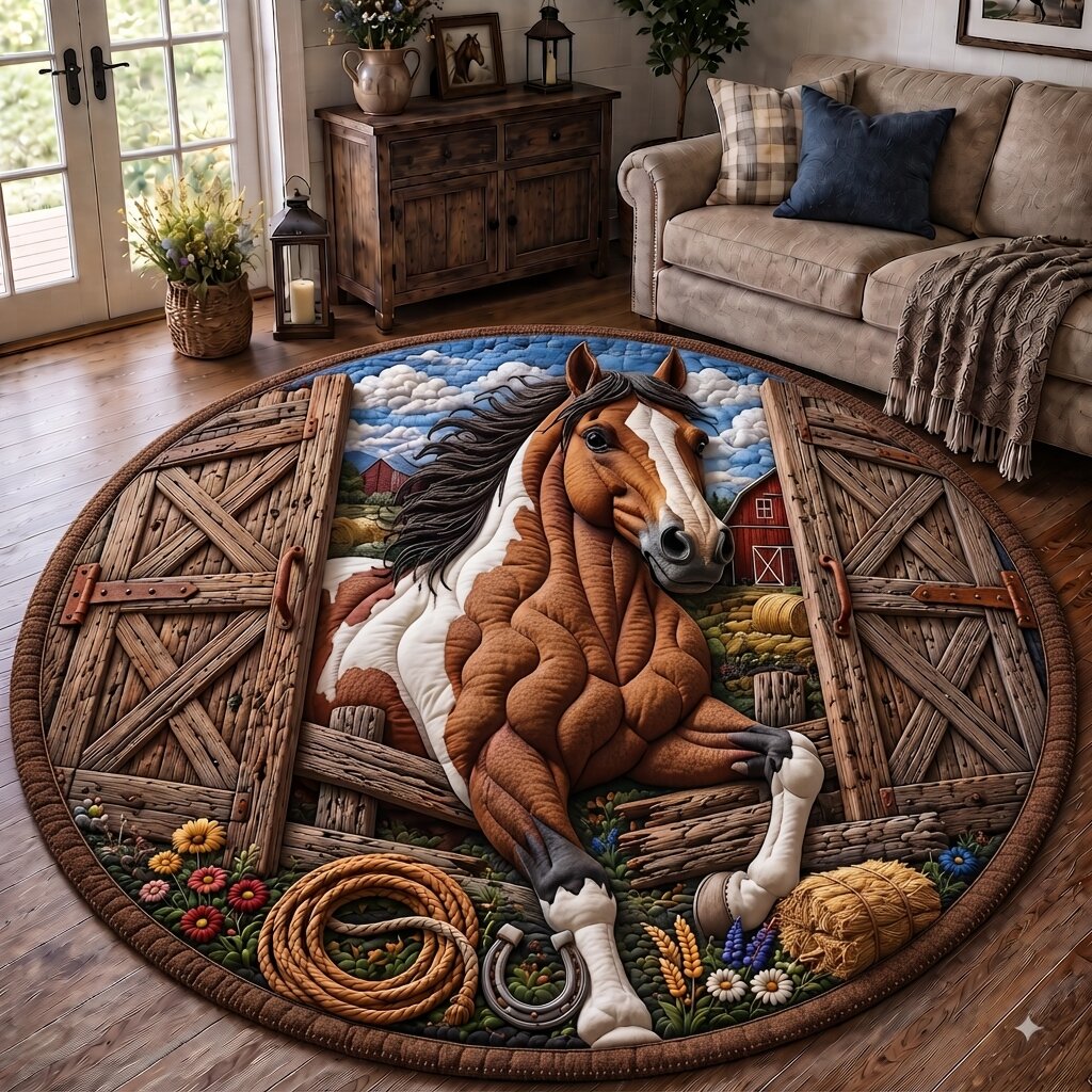 Horse Trails Round Mat Rug - Cute Animal Design | Charming Home Decor - washable non-slip printed rug