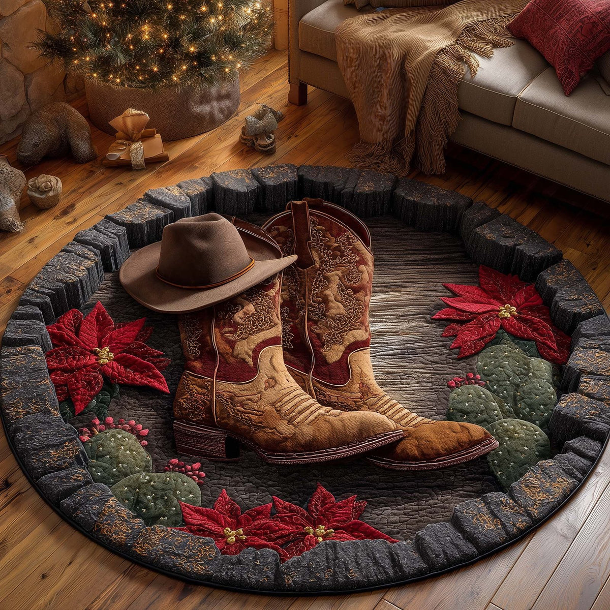 Howdy Christmas Round Mat Rug - washable non-slip printed rug
