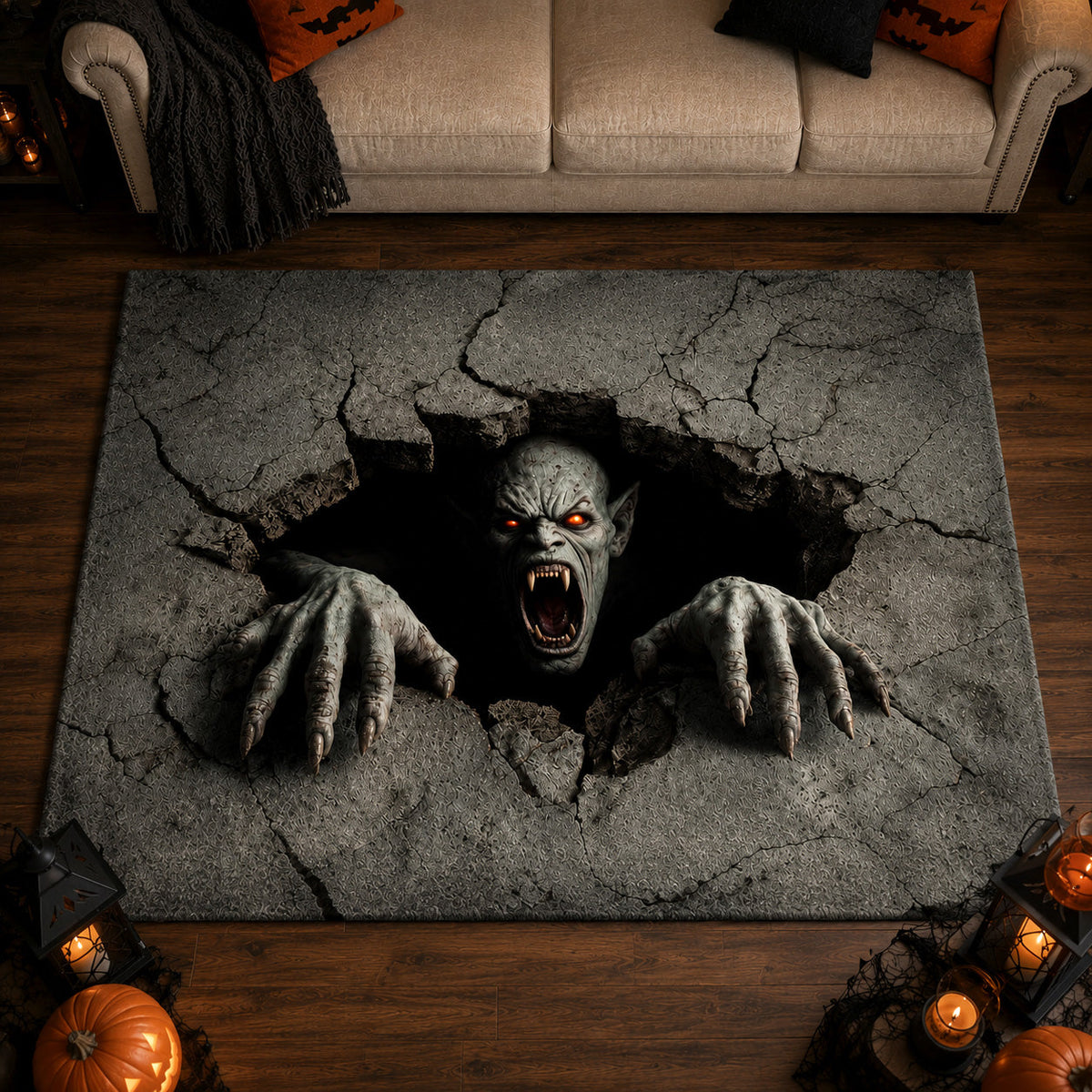 Howl Of The Damned area rug in a living room