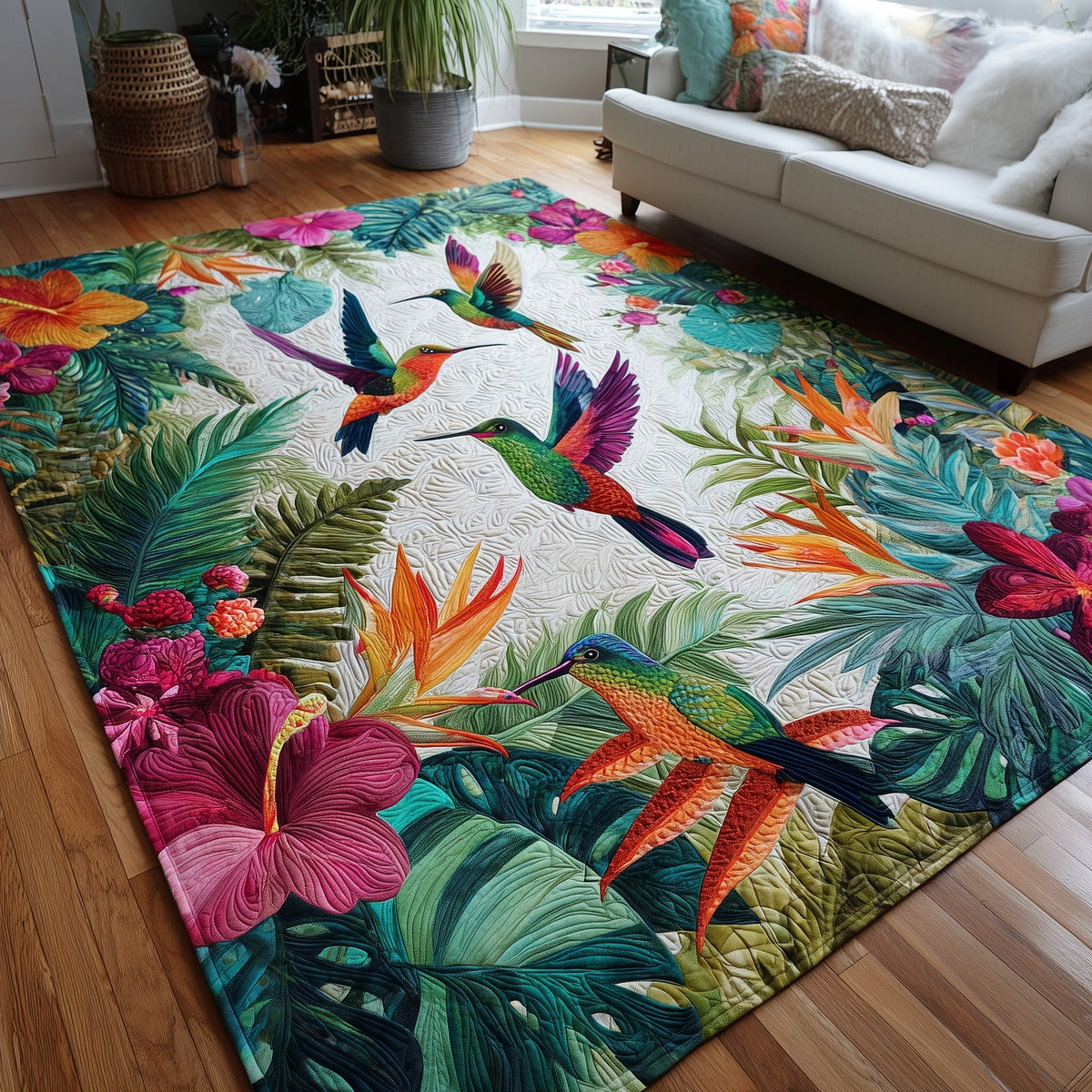 Hummingbird area rug in a living room