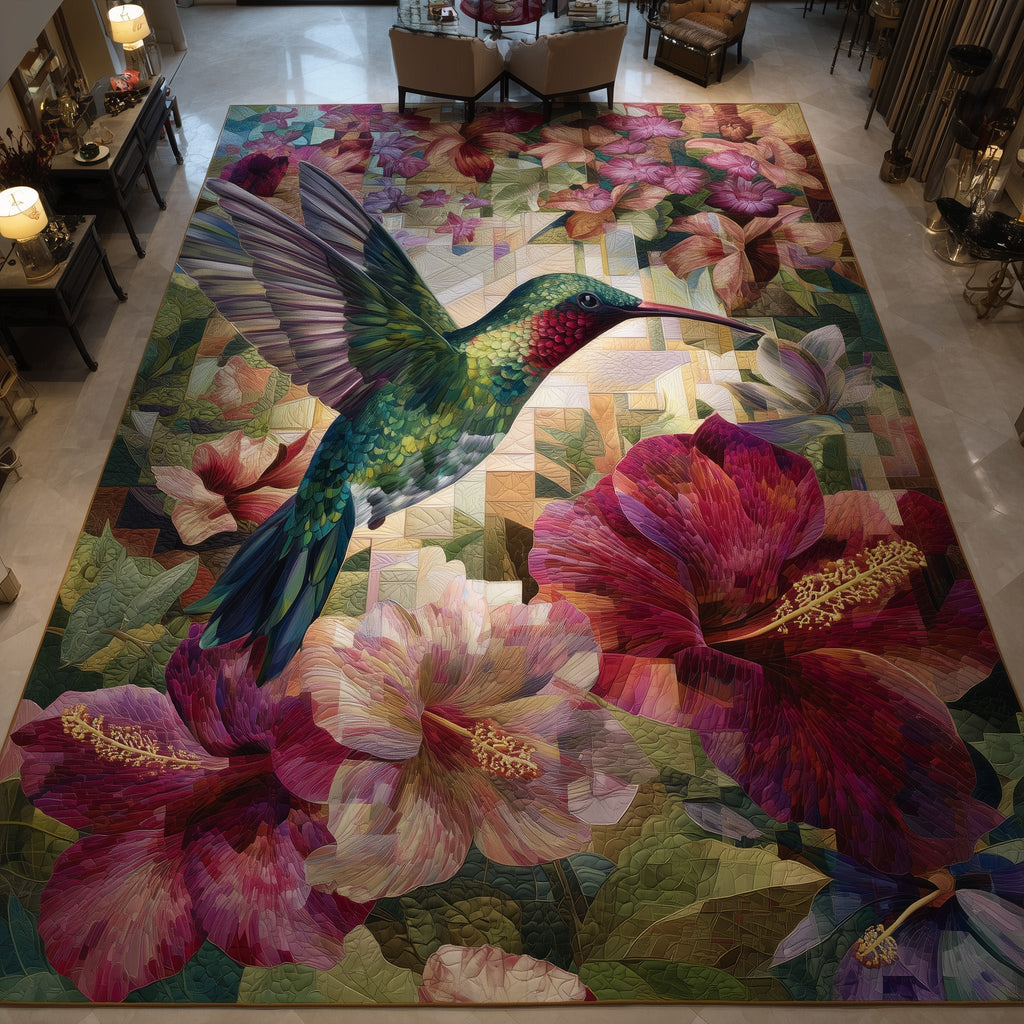Hummingbird area rug in a living room