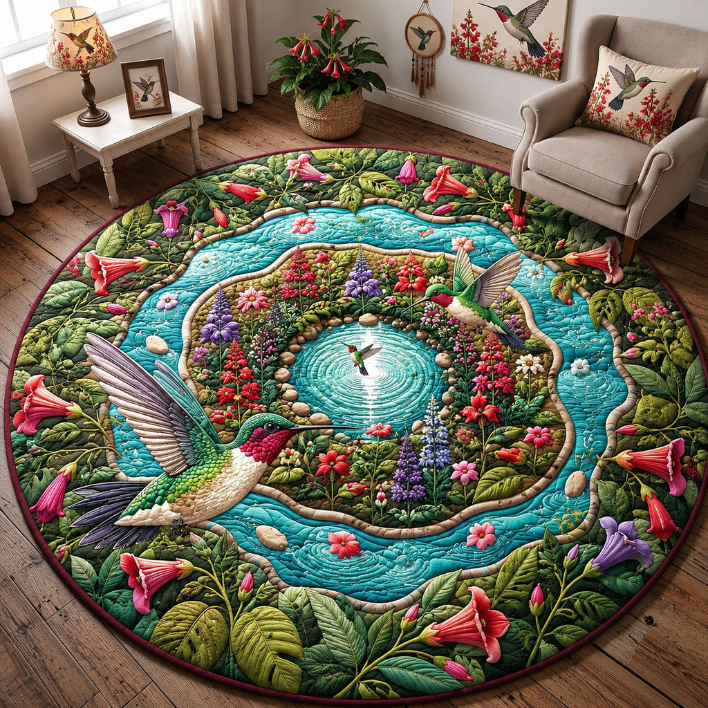 Hummingbird Flower Pond Round Mat Rug - Cute Animal Design | Charming Home Decor - washable non-slip printed rug