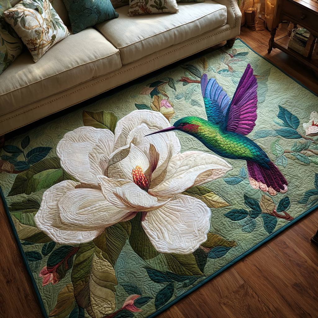 Hummingbird Garden area rug in a living room