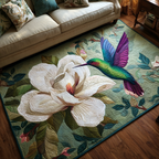 Hummingbird Garden area rug in a living room
