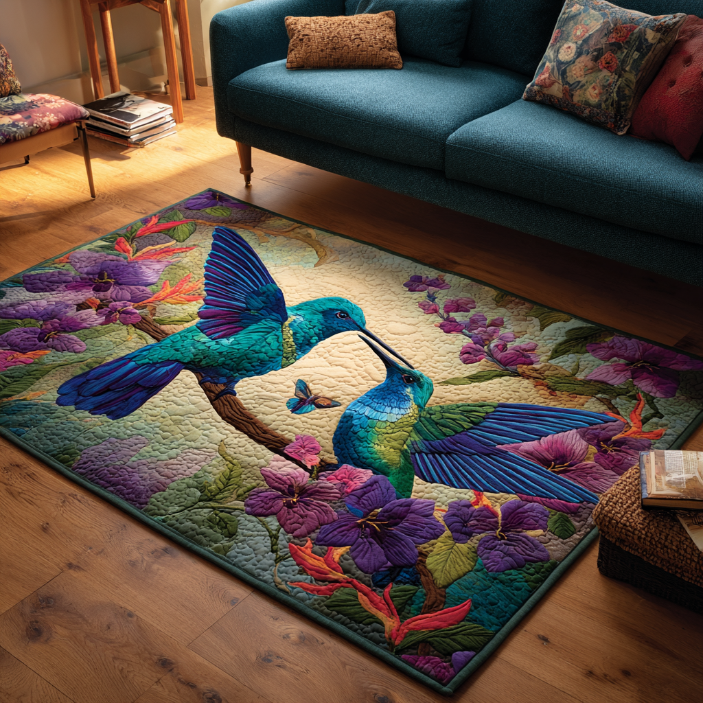 Hummingbird Harmony area rug in a living room