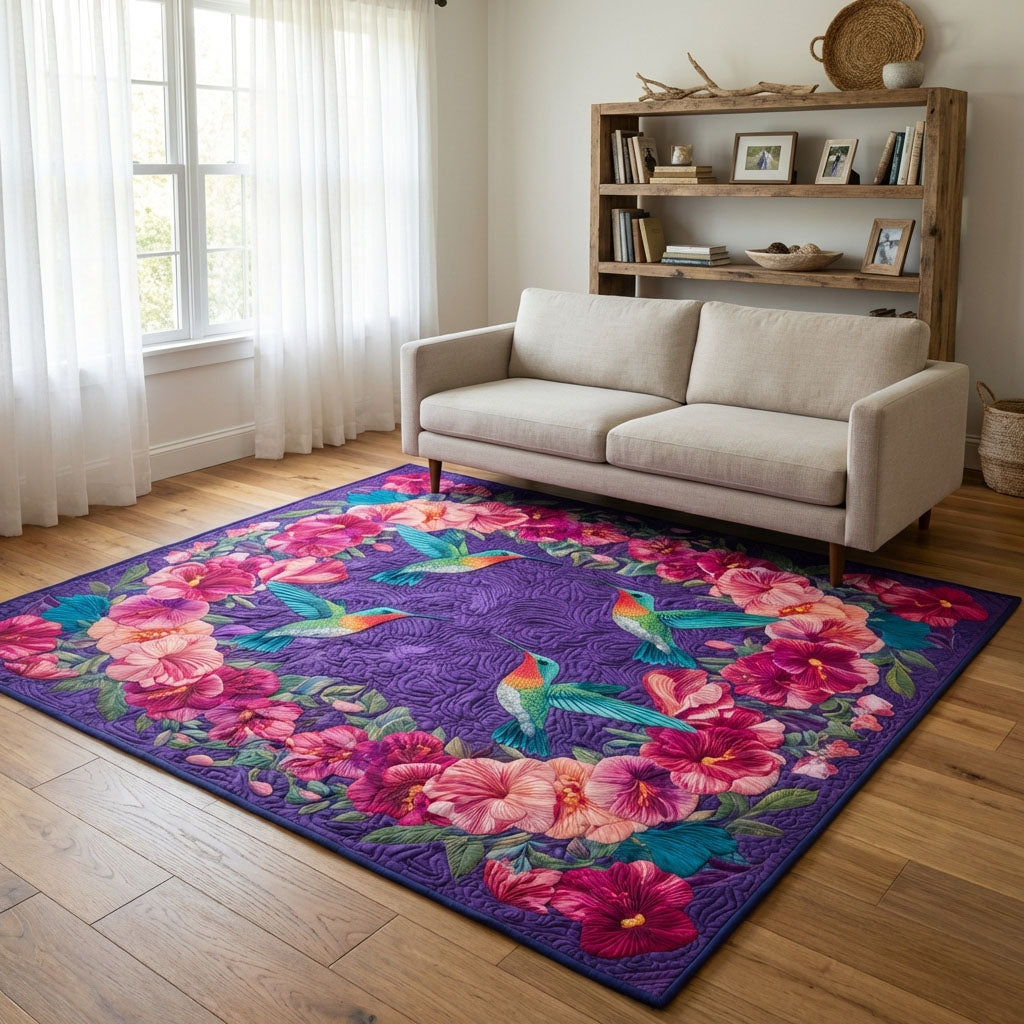Hummingbird Haven area rug in a living room