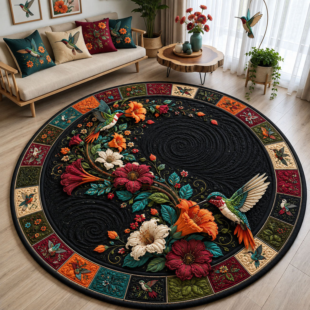 Hummingbird Midnight Garden Round Mat Rug - Cute Animal Design | Charming Home Decor - washable non-slip printed rug