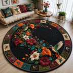 Hummingbird Midnight Garden Round Mat Rug - Cute Animal Design | Charming Home Decor - washable non-slip printed rug