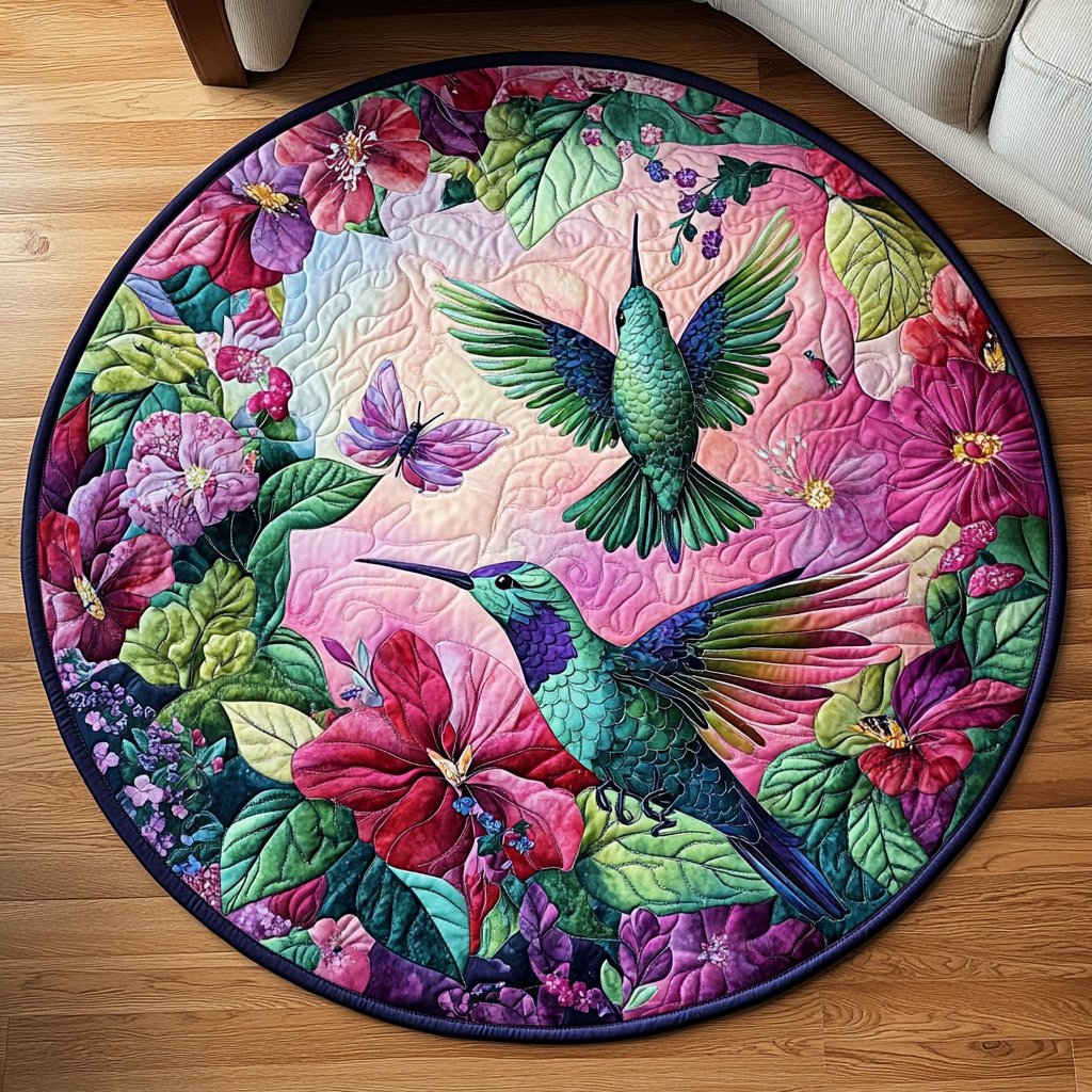 Hummingbird Nectar Garden Round Mat Rug - washable non-slip printed rug