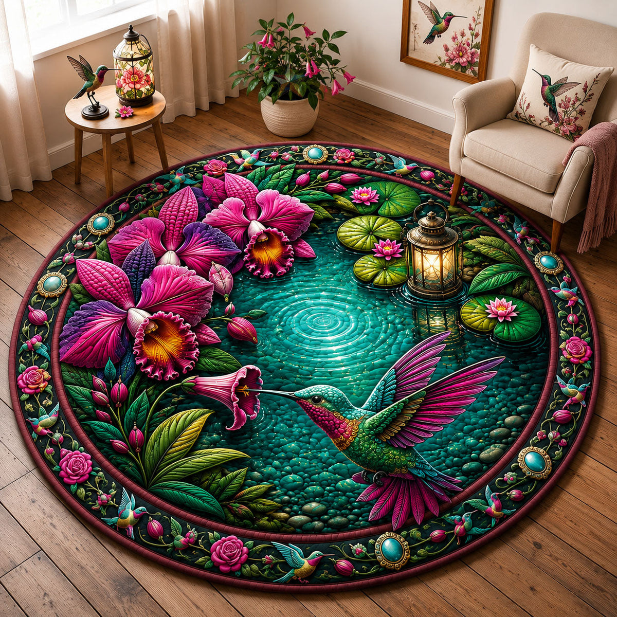 Hummingbird Orchid Garden Round Mat Rug - Cute Animal Design | Charming Home Decor - washable non-slip printed rug