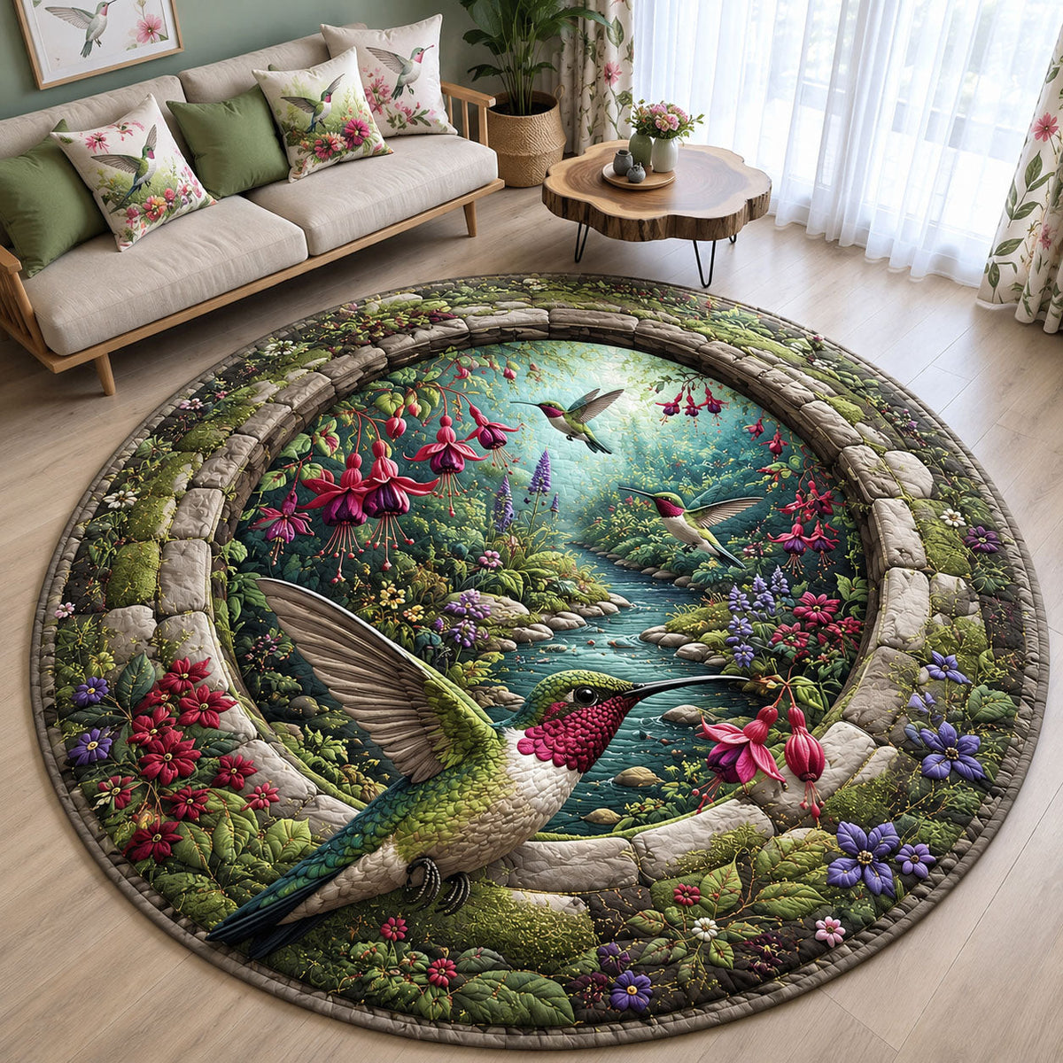 Hummingbird Secret Garden Round Mat Rug - Cute Animal Design | Charming Home Decor - washable non-slip printed rug