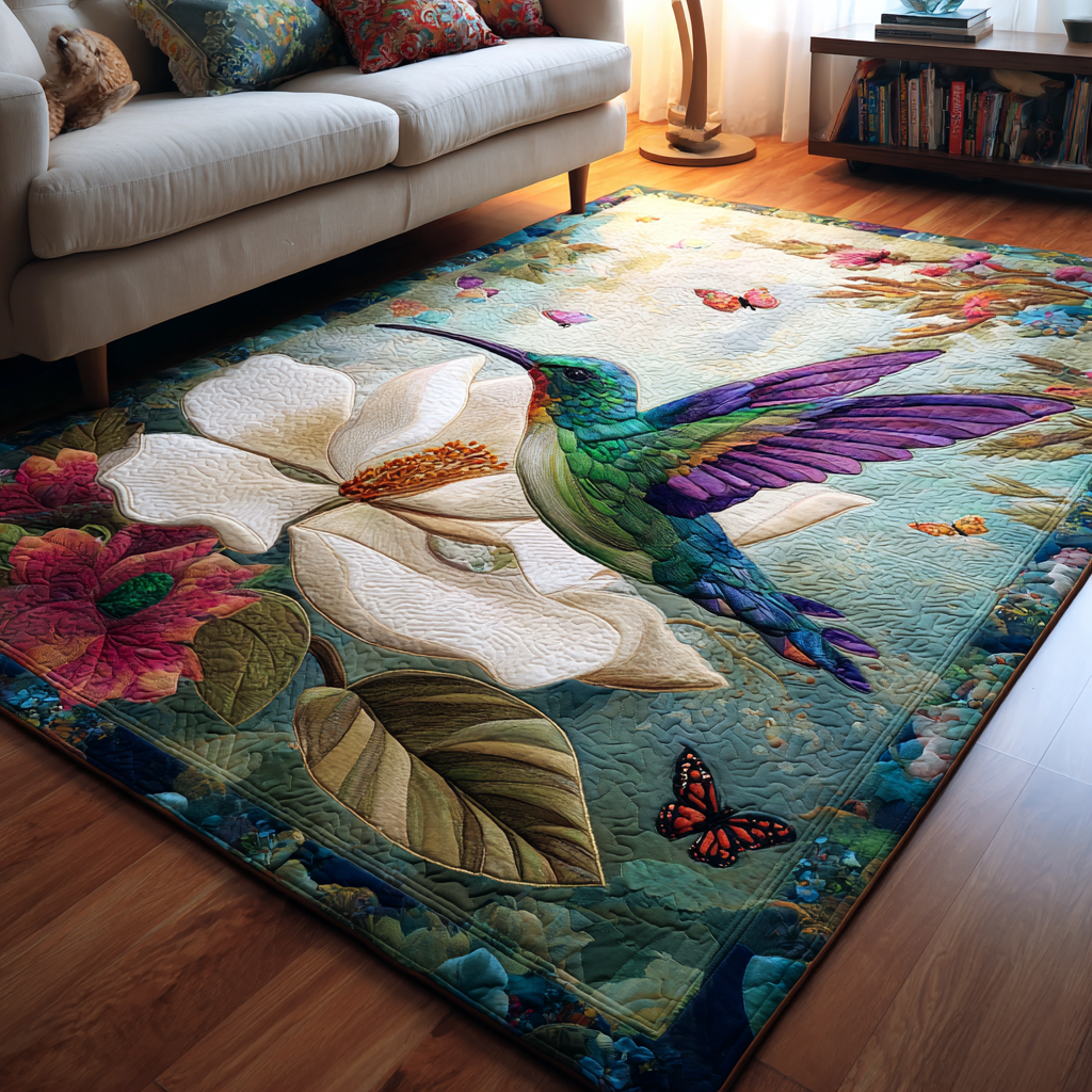 Hummingbird Spirit area rug in a living room