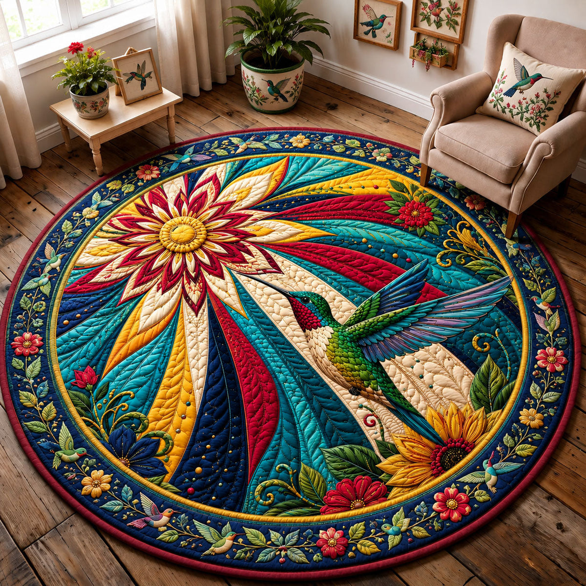 Hummingbird Sunburst Garden Round Mat Rug - Cute Animal Design | Charming Home Decor - washable non-slip printed rug
