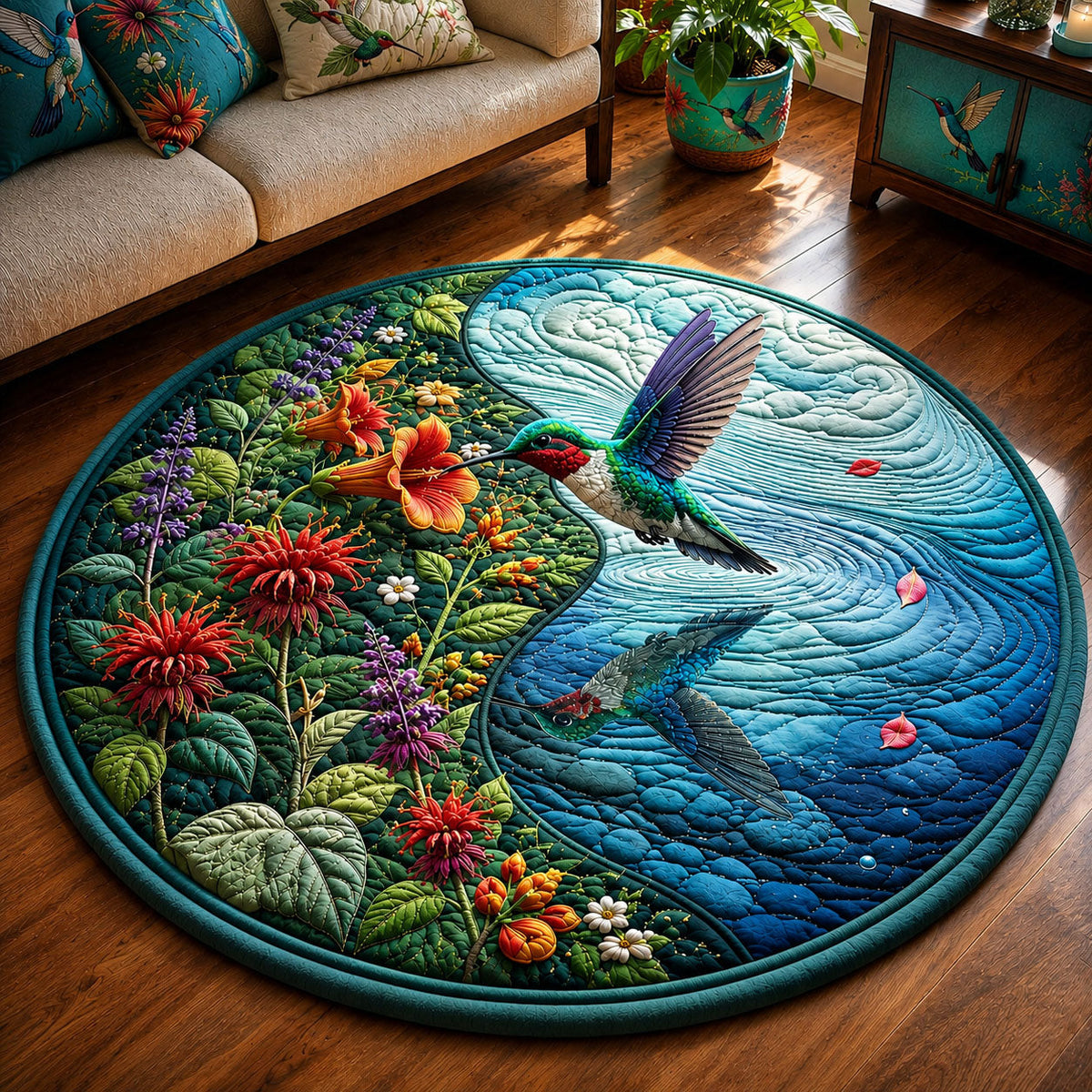 Hummingbird Water Garden Round Mat Rug - Cute Animal Design | Charming Home Decor - washable non-slip printed rug