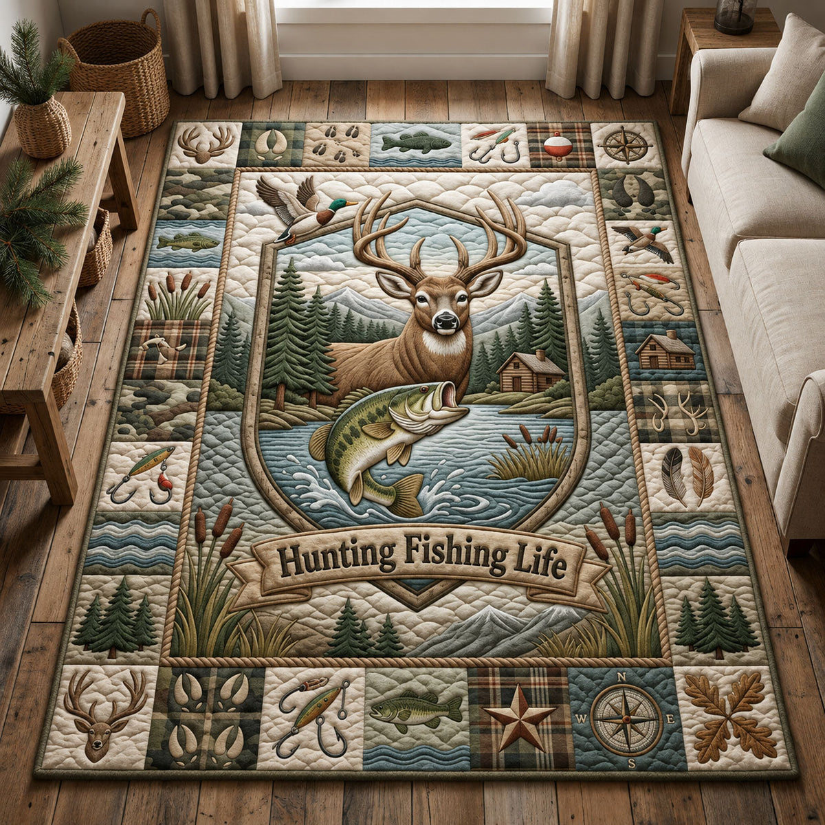 Hunting Fishing Life area rug in a living room