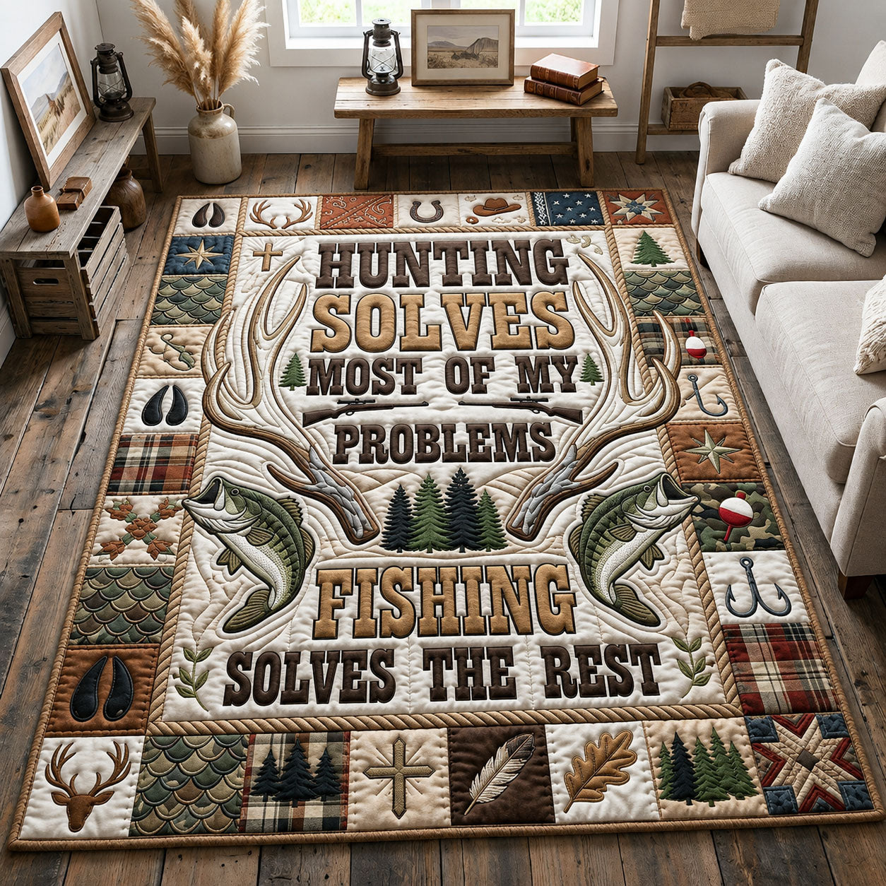 Hunting Fishing Life area rug in a living room
