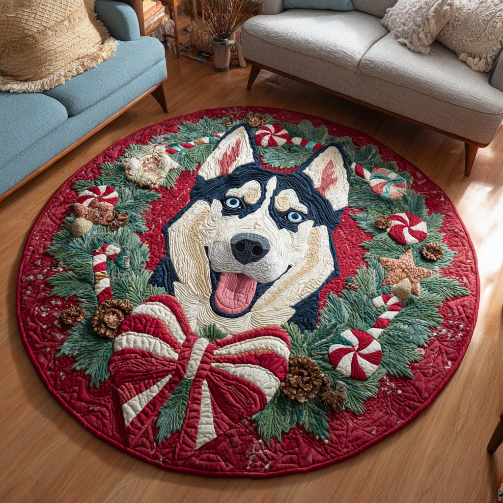 Husky Candy Wreath Round Mat Rug - washable non-slip printed rug