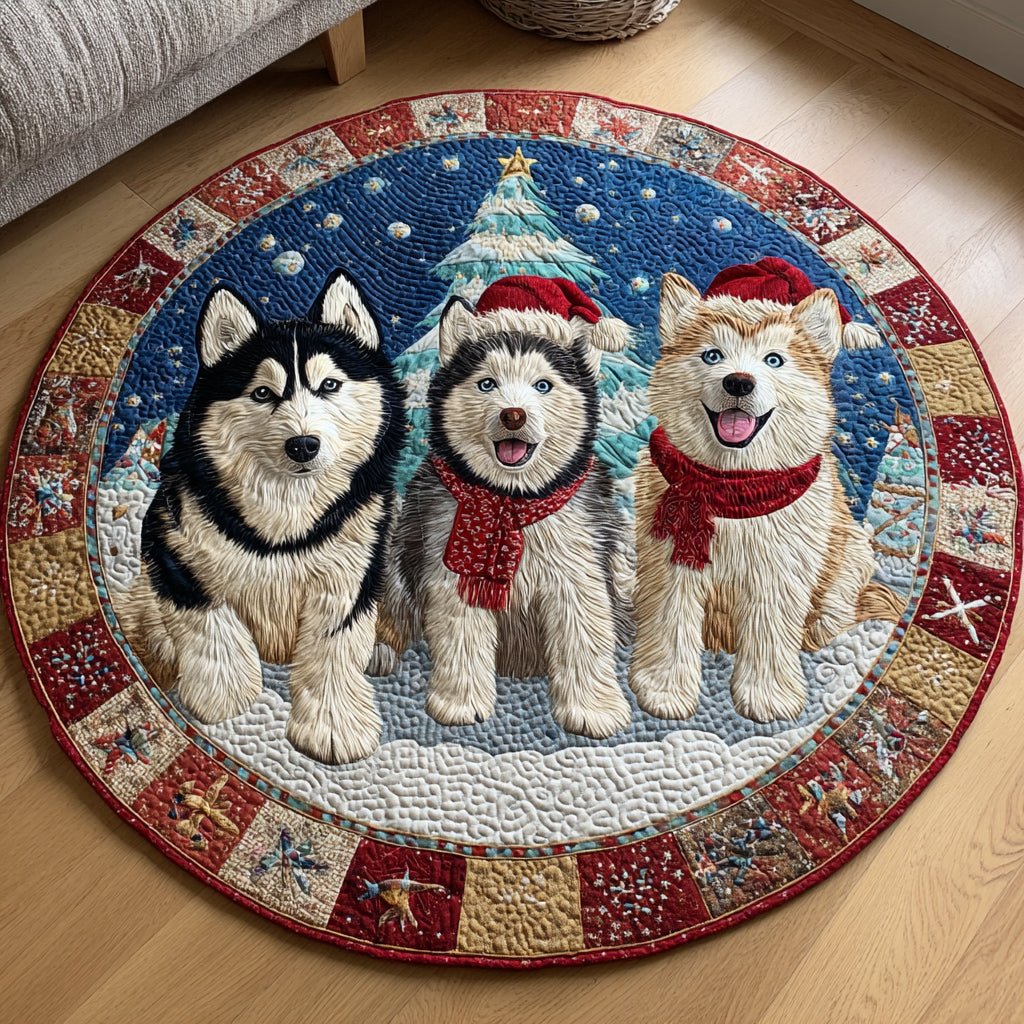 Husky Trio Winter Round Mat Rug - washable non-slip printed rug