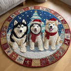Husky Trio Winter Round Mat Rug - washable non-slip printed rug