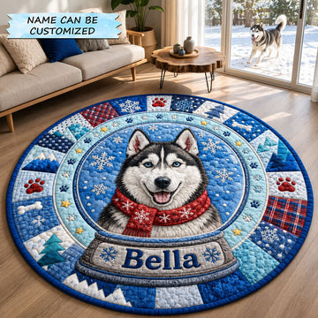 Husky Winter Snow Globe Round Mat Rug - Nature Design | Serene Home Decor